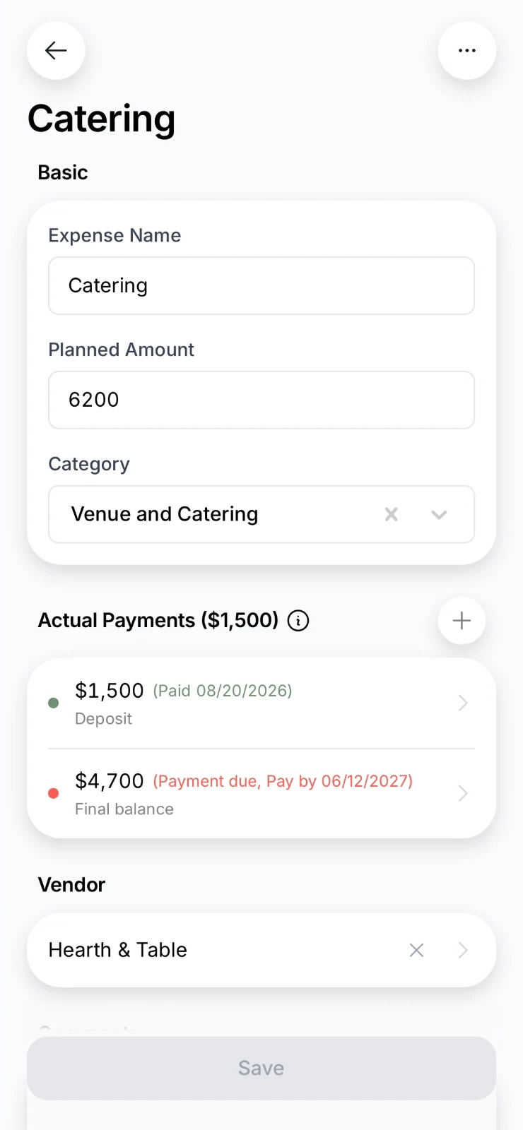 The catering expense in the app: the planned amount, the deposit paid, the final balance with its due date, and the vendor