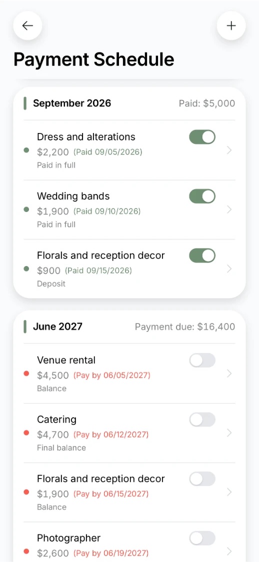 Payment schedule in the app: the dress, rings and a decor deposit paid in September, and the venue, catering, decor and photographer balances due in June