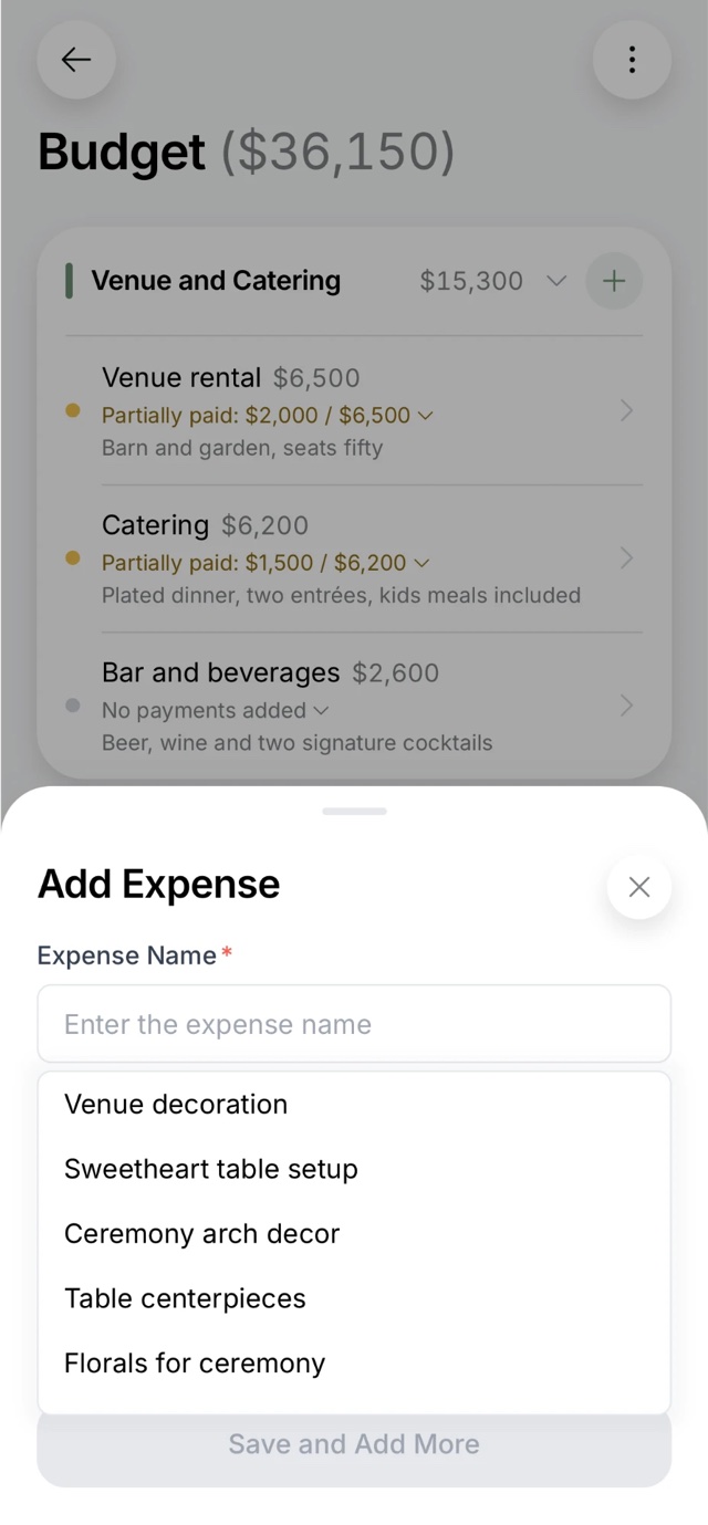 Adding an expense in the app: suggestions under the name field, like venue decoration, a ceremony arch and table centerpieces