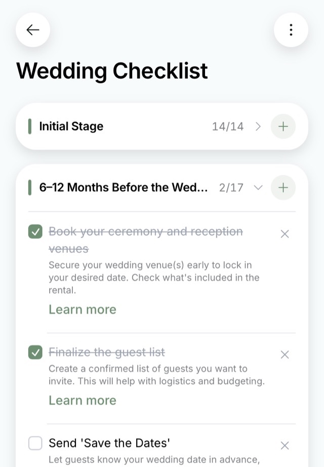 The “Wedding Checklist” screen: stages with completed task counts and the “6 to 12 months before the wedding” stage expanded