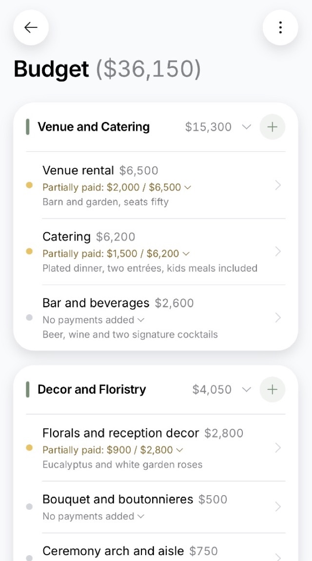 The budget screen: costs grouped by category, with how much is already paid and how much is left