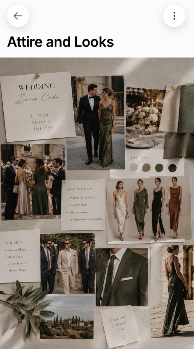 The mood board screen: a collage with the dress code, the palette and guest looks