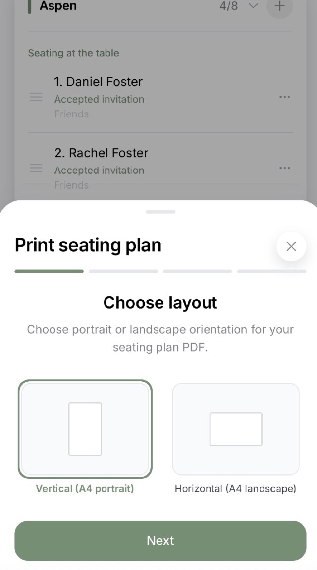 The seating print screen: choosing between a portrait and a landscape A4 layout