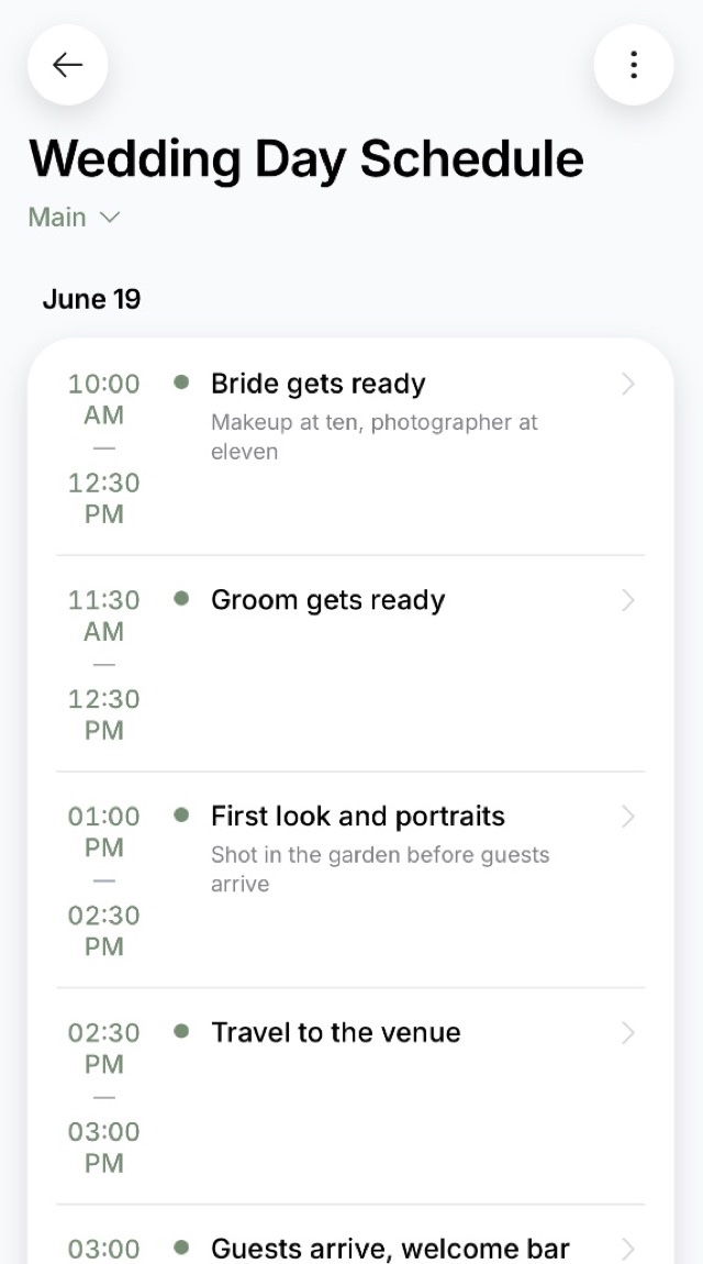 The timeline screen: the events of the wedding day with start and end times, from getting ready through dinner