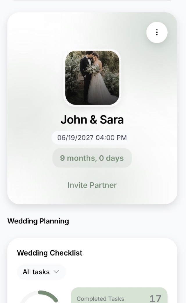The app’s home screen: the couple’s card with the wedding date and a countdown, and below it the planning checklist with the share of tasks done