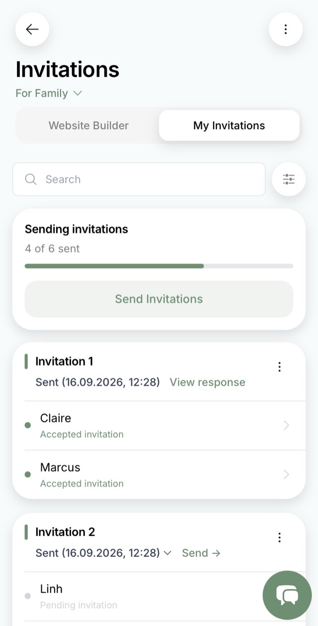For each guest: sent, opened, answered — a screen of an online wedding invitation