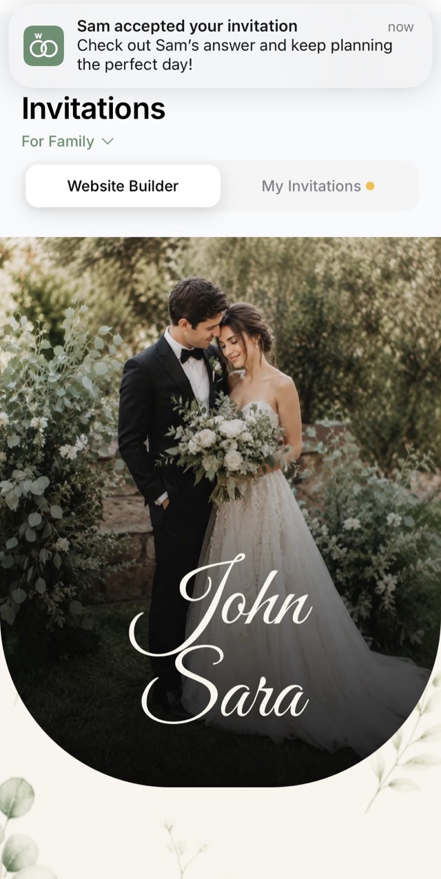 A notification the moment a guest answers — a screen of an online wedding invitation