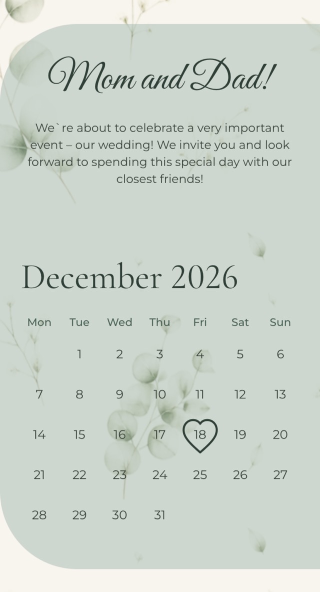 Opening words and the month with your date marked — a screen of an online wedding invitation
