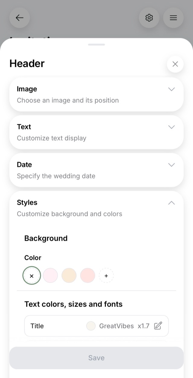 Your own photo, fonts and colors in every section — a screen of an online wedding invitation