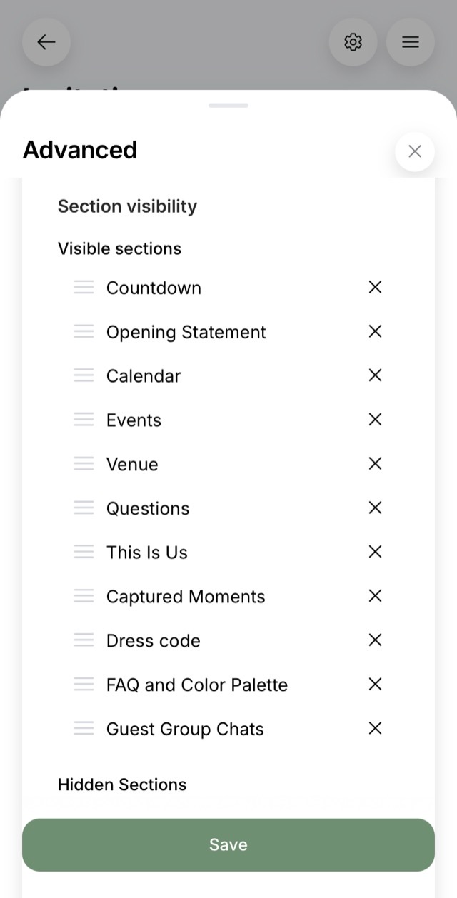 Which sections guests see, and in what order — a screen of an online wedding invitation