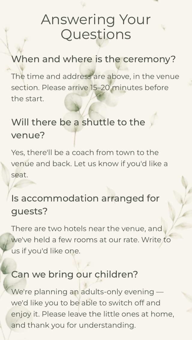 Answers to the questions guests usually ask — a screen of an online wedding invitation