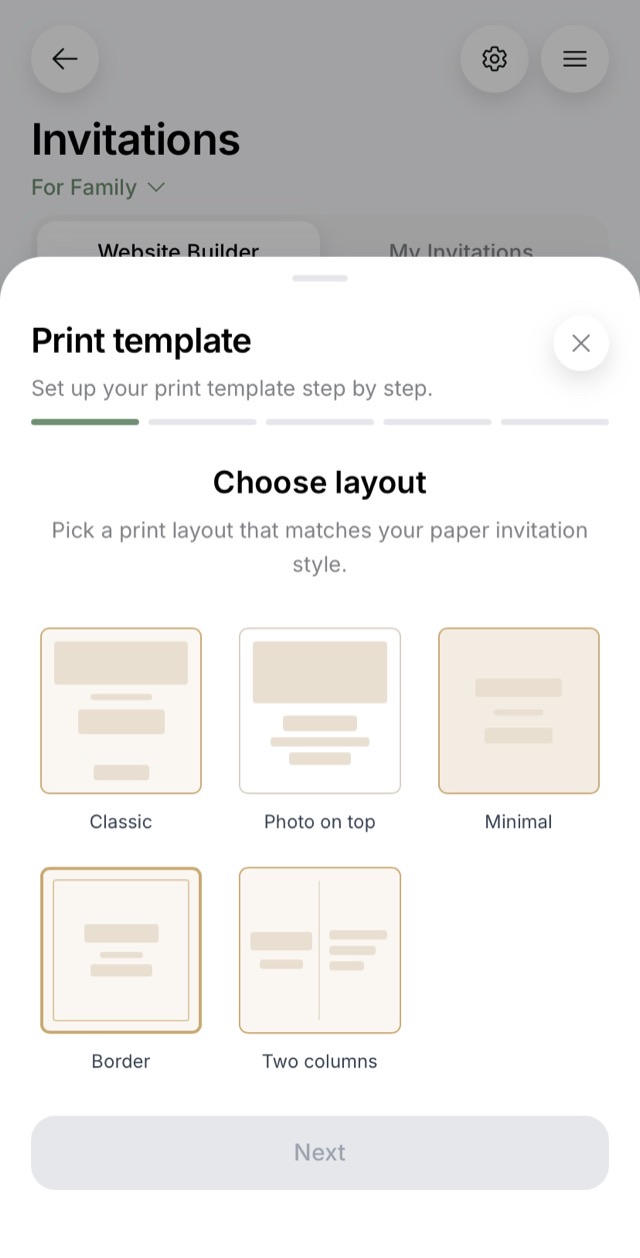 Five print layouts: classic, photo on top, minimal, border, two columns — a screen of an online wedding invitation