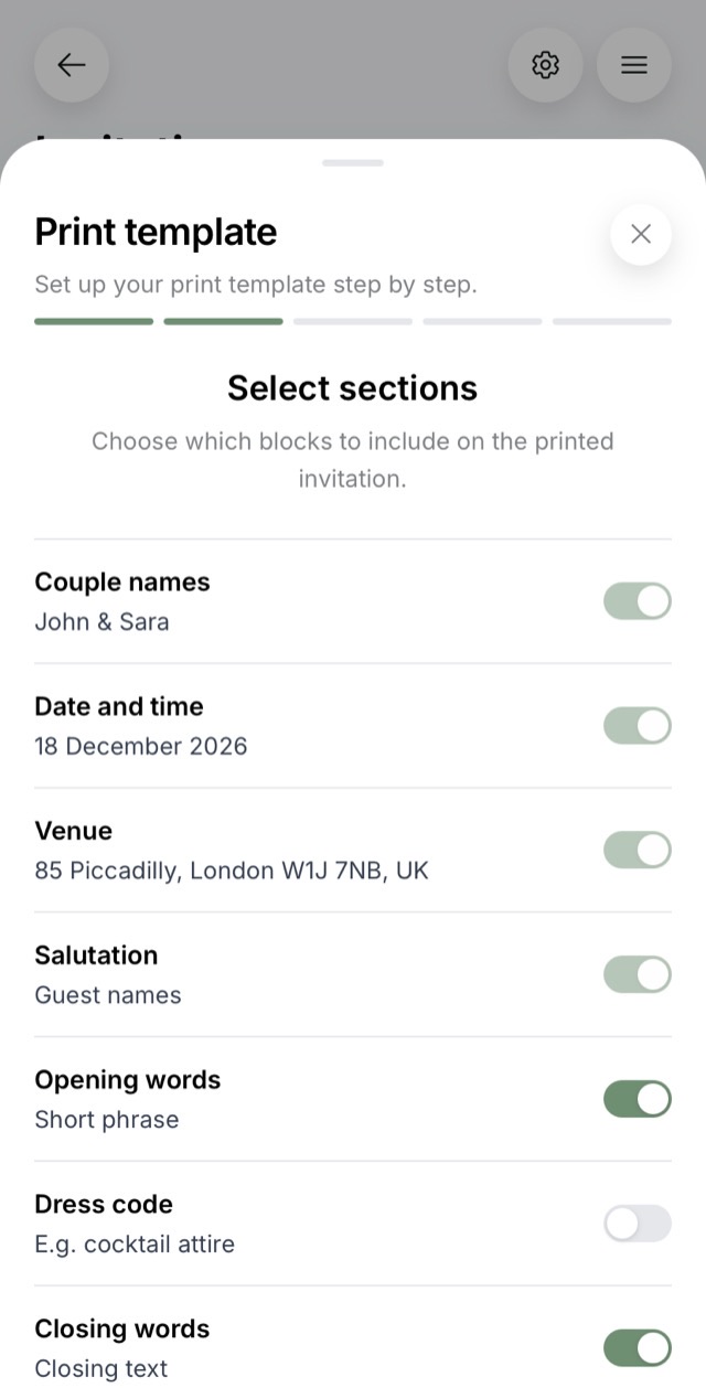 What goes on paper is up to you — a screen of an online wedding invitation