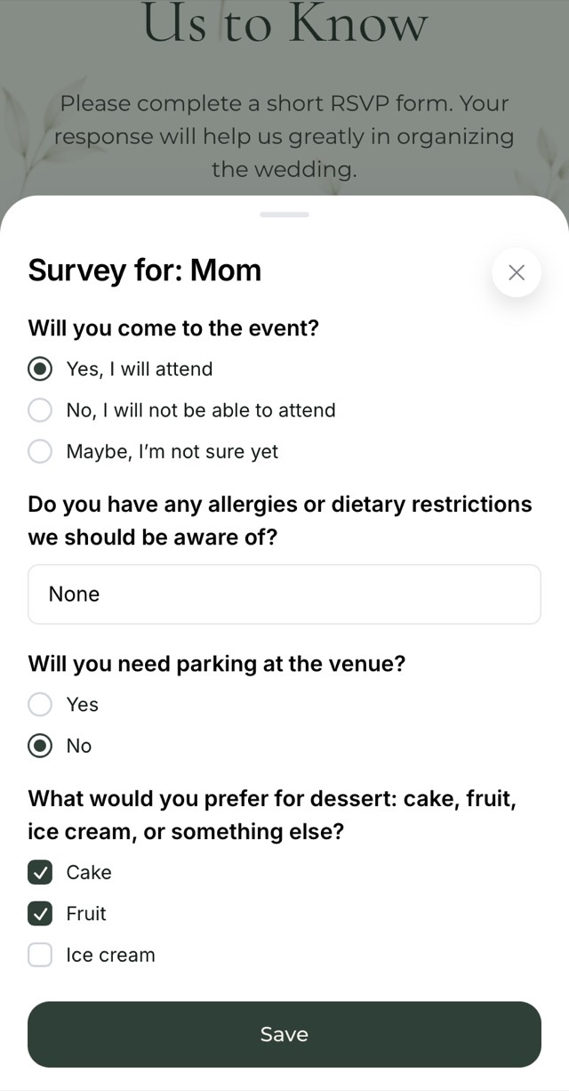 Questions about attendance, allergies, parking and dessert — a screen of an online wedding invitation