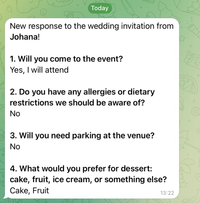 The full reply arrives in your messenger — a screen of an online wedding invitation